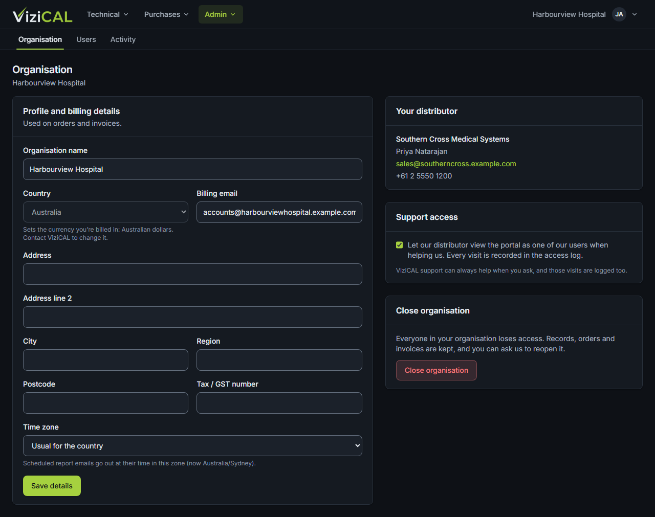 The Organisation page with profile and billing details