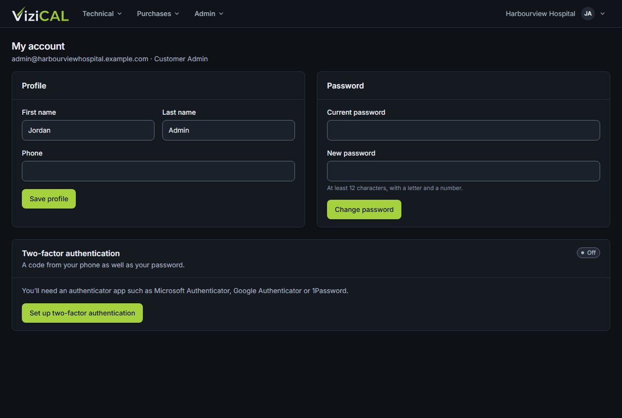 The My account page with the Profile, Password and Two-factor authentication sections