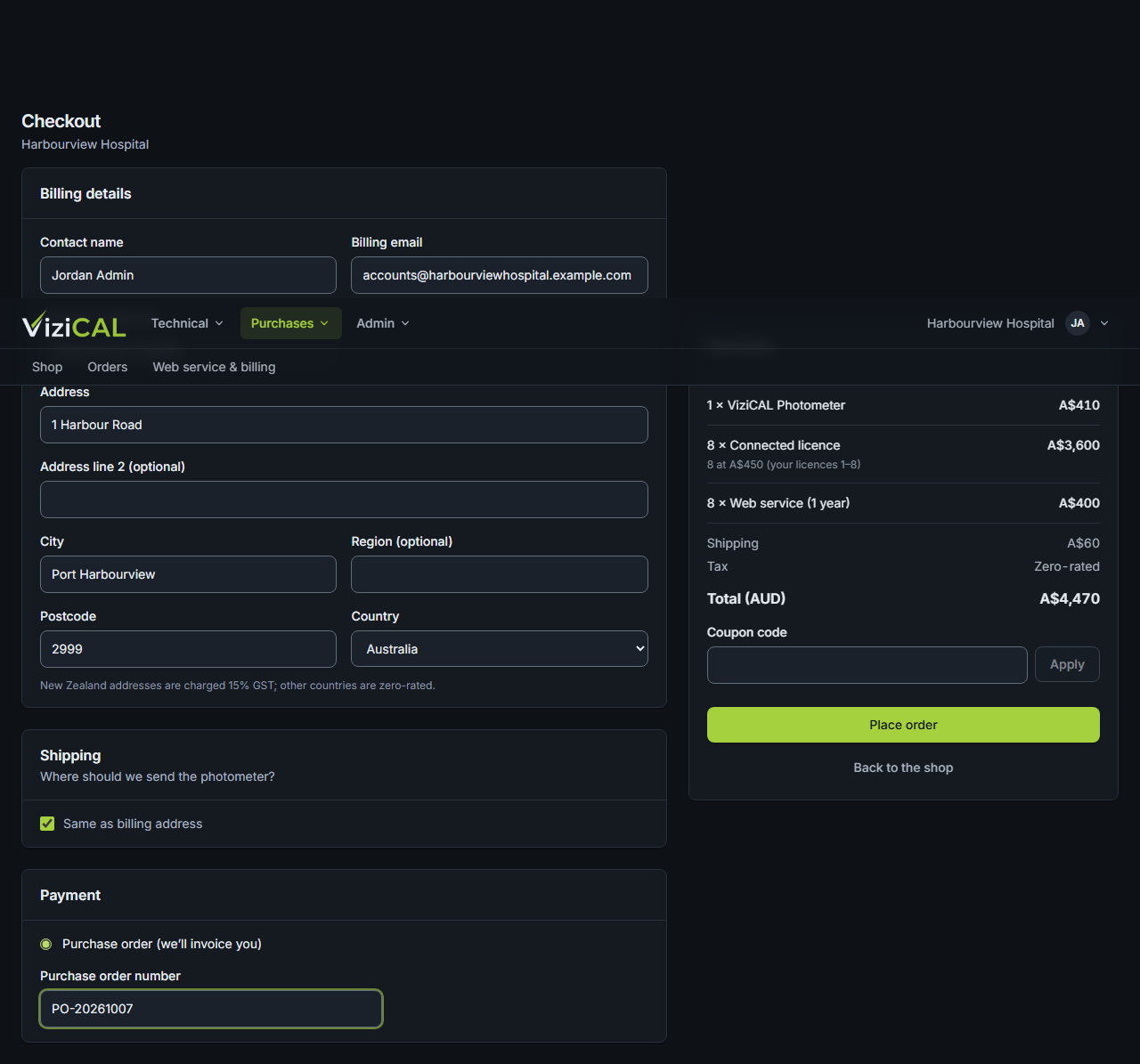 The Checkout page with billing details and payment by purchase order