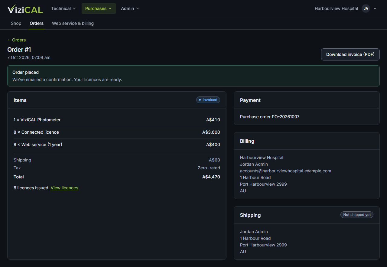 An order's page with its items, payment, billing and shipping details