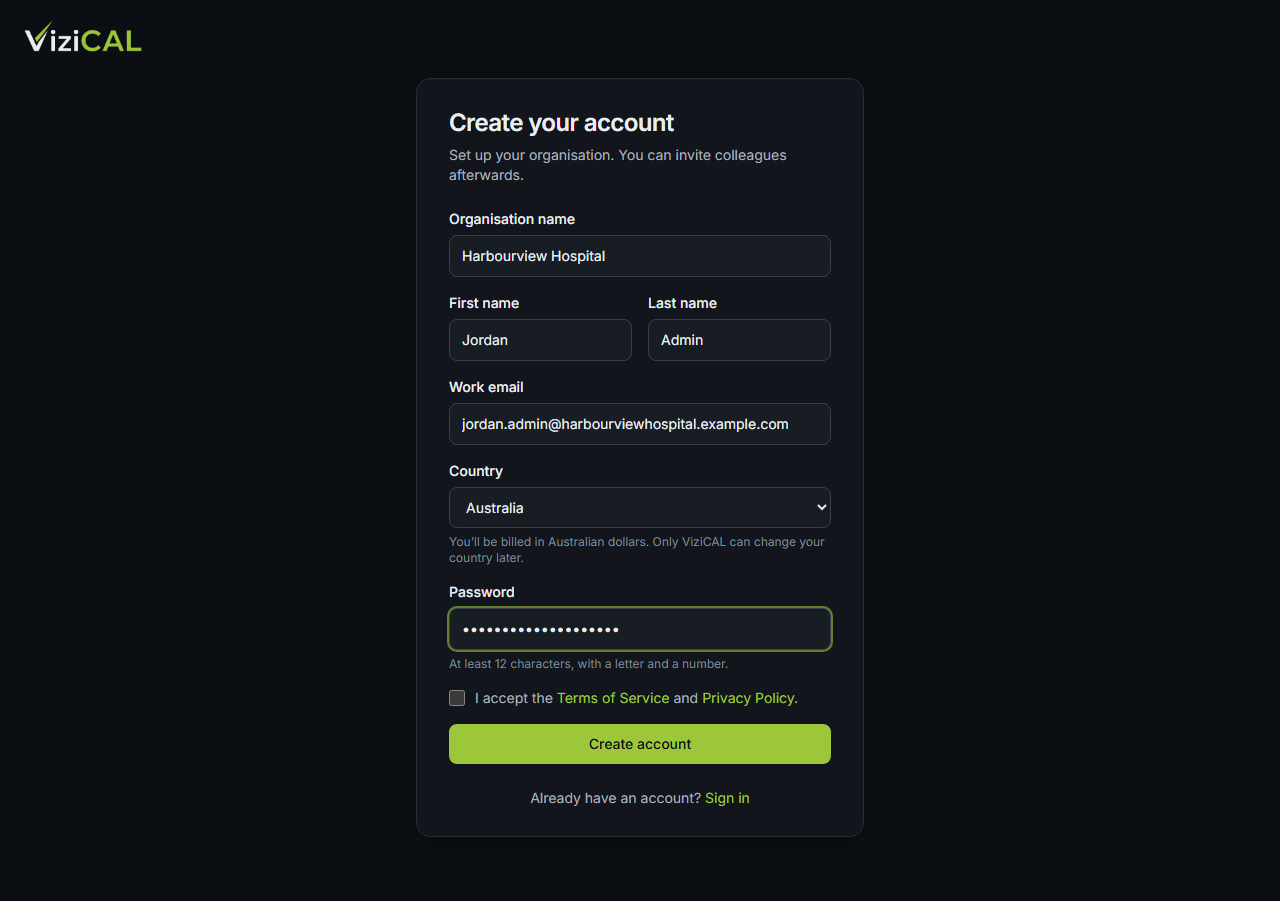 The Create your account form on the ViziCAL website, filled in for a demo organisation
