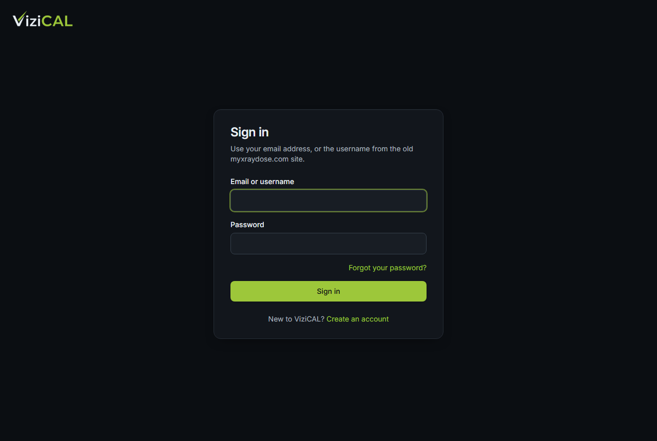 The Sign in page of the ViziCAL website