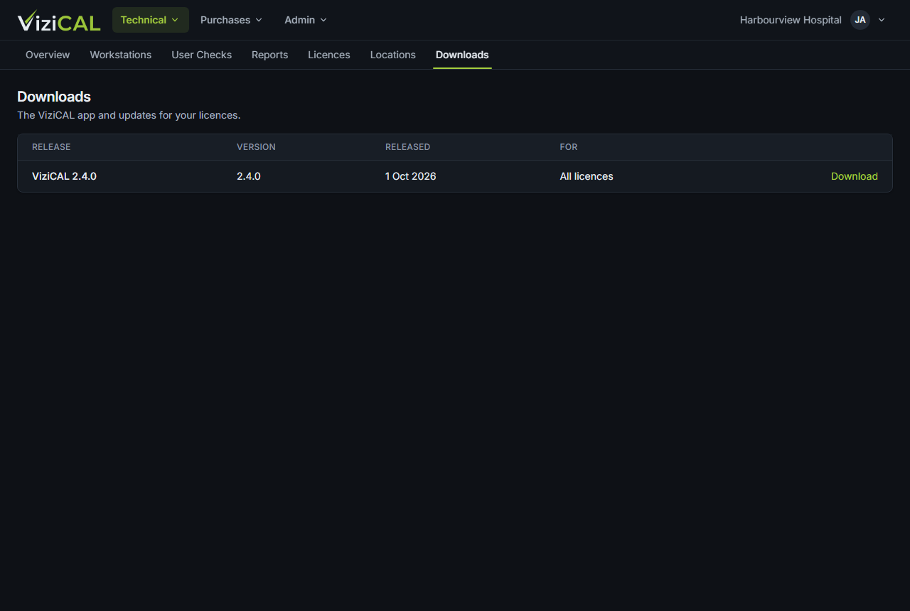 The Downloads page with the latest ViziCAL release