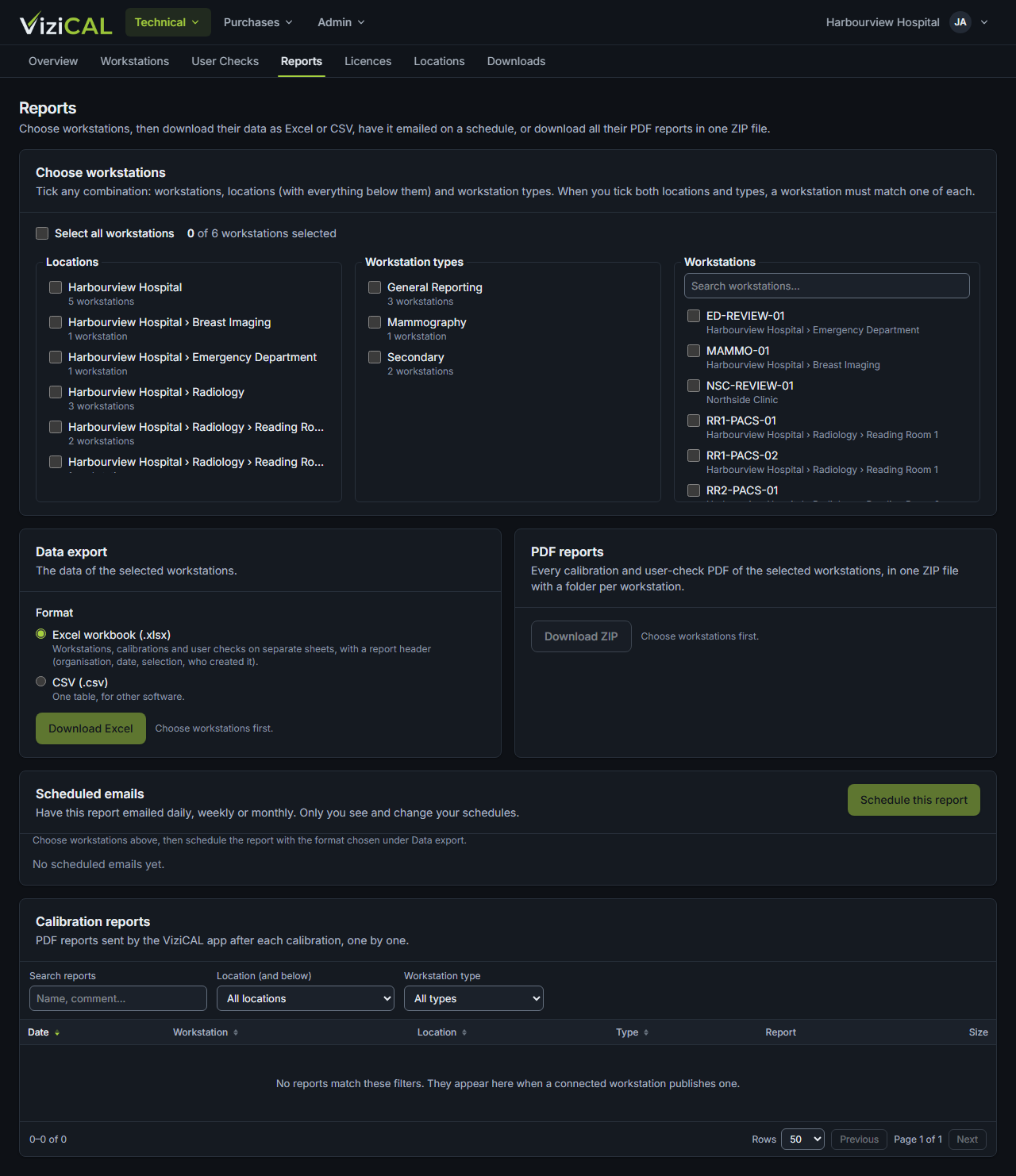 The Reports page with workstation selection, data export and PDF reports