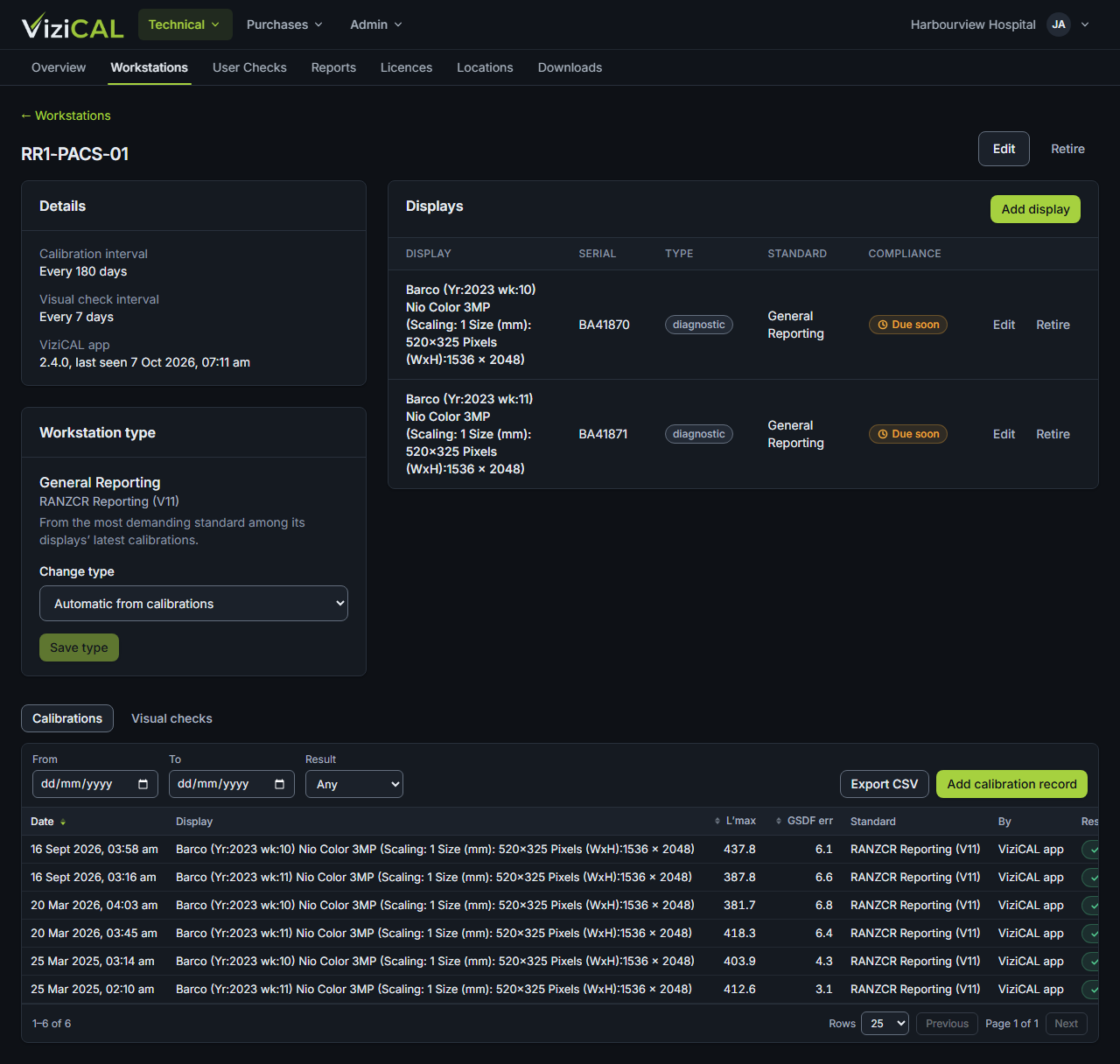 A workstation page with its details, displays, workstation type and calibration records