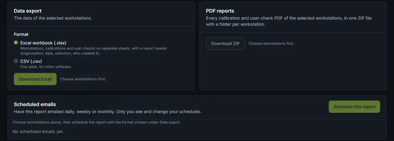 The ViziCAL portal Reports page: Excel or CSV data export, PDF reports in one ZIP file, and scheduled report emails.